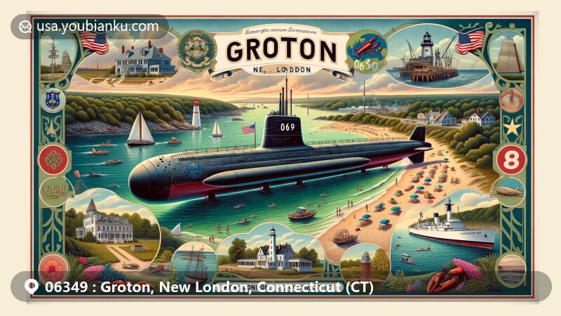 Modern illustration of Groton, New London, Connecticut, featuring USS Nautilus submarine, Bluff Point State Park, Avery Point Light, and Eastern Point Beach, intertwined with Mystic Seaport Museum and postal theme.