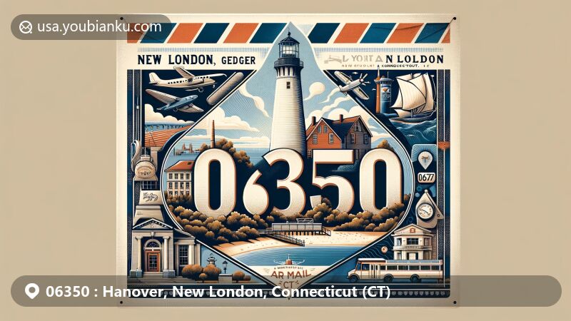 Vintage-style air mail envelope illustration showcasing ZIP Code 06350 in Hanover, New London, Connecticut, featuring New London Ledge Light, Ocean Beach Park, Lyman Allyn Art Museum, and Connecticut state flag.
