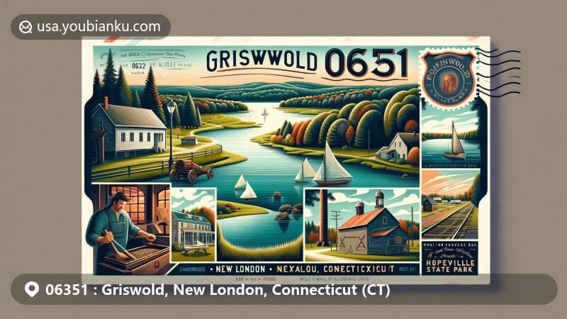 Vibrant illustration of Griswold, New London County, Connecticut, representing ZIP code 06351, depicting rivers, forests, historical blacksmith shop, and Hopeville Pond State Park.