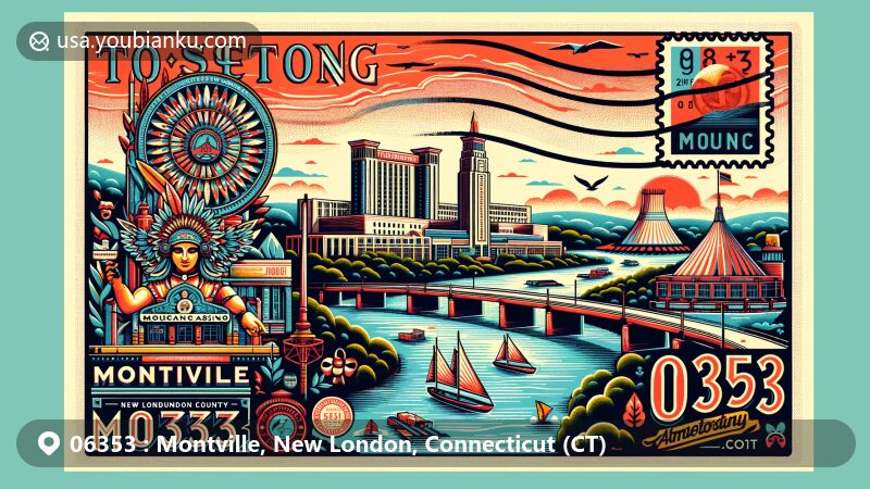 Modern illustration of Montville, New London County, Connecticut, highlighting Mohegan Sun casino resort and Oxoboxo River, with postal elements including ZIP code 06353, vintage postage stamp, and Montville postmark.