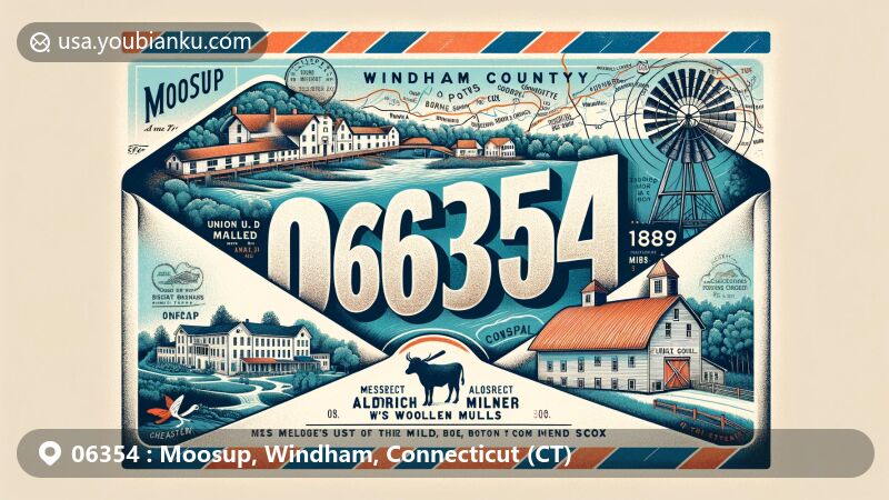 Modern illustration of Moosup, Windham County, Connecticut, featuring vintage airmail envelope with ZIP code 06354, showcasing historic landmarks and a nod to Walt Dropo, set against the backdrop of Connecticut's state outline.