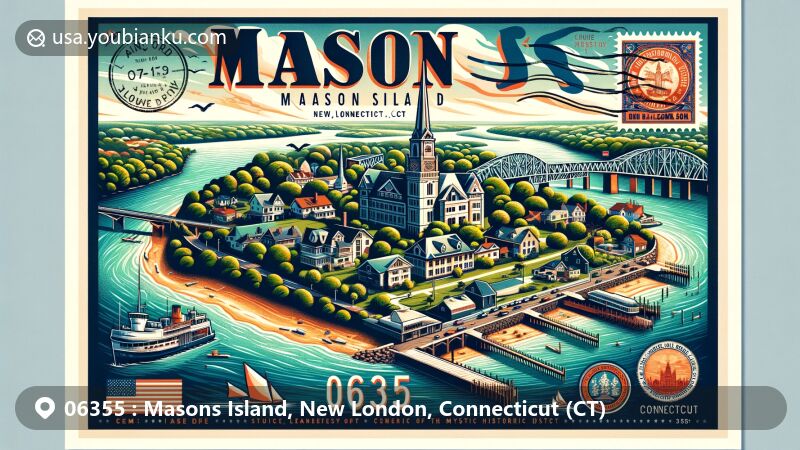 Modern illustration of Masons Island, New London, Connecticut, with picturesque views, Mystic River, Mystic Bridge Historic District, and Connecticut state flag, artistically integrated with postal theme featuring ZIP code 06355.
