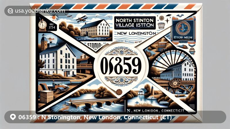 Modern illustration of N Stonington, New London County, Connecticut, showcasing postal theme with ZIP code 06359, featuring North Stonington Village Historic District, colonial saltbox house, and Native American symbols.