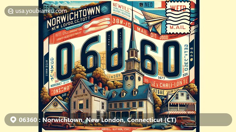 Modern illustration of Norwichtown, New London County, Connecticut, showcasing vintage-themed postal design with ZIP code 06360, featuring historic buildings like Joseph Carpenter Silversmith Shop and Leffingwell Inn.
