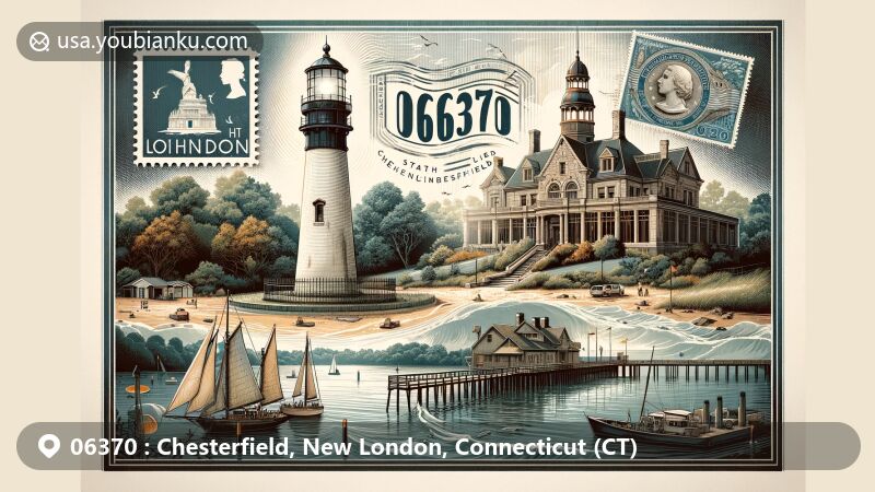 Modern illustration of Chesterfield, New London County, Connecticut, featuring iconic New London Ledge Light lighthouse and Lyman Allyn Art Museum, with central focus on postal stamp displaying ZIP code 06370 and surrounding visuals of Ocean Beach Park and Fort Trumbull, set in an envelope design.
