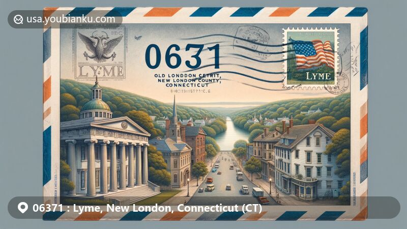 Vintage-style illustration of Lyme, New London County, Connecticut, featuring ZIP code 06371, showcasing Old Lyme Historic District with Greek Revival architecture, Lyme Street, and Florence Griswold Museum's artistic contribution to American Impressionism.