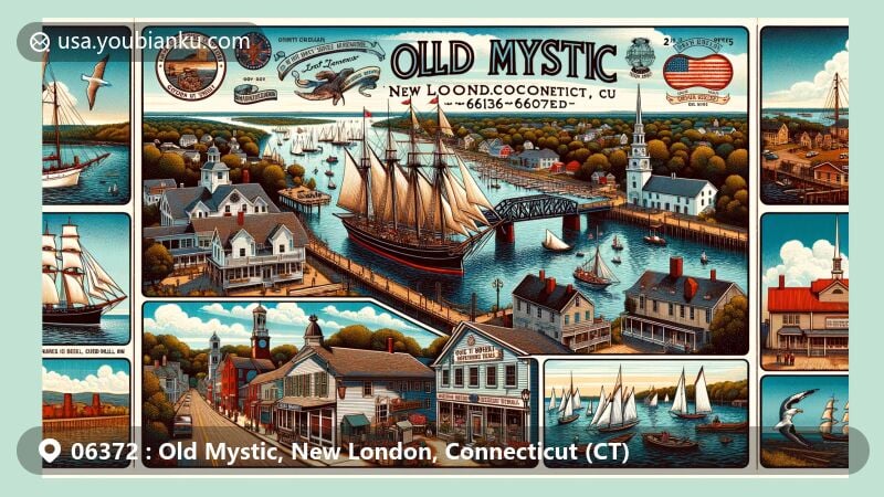 Modern illustration of Old Mystic, New London, Connecticut, showcasing Mystic Seaport Museum with Charles W. Morgan tall ship, Mystic River Bascule Bridge, Old Mystic streets, B.F. Clyde's cider mill, and coastal scenery, all reflecting town's maritime and New England charm.