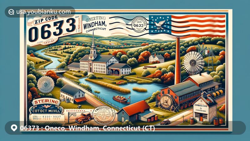 Modern illustration of Sterling Hill and the Moosup River, representing 19th-century village center and historic cotton mills in Oneco, Windham County, Connecticut, incorporating state symbols and postal elements with ZIP code 06373.