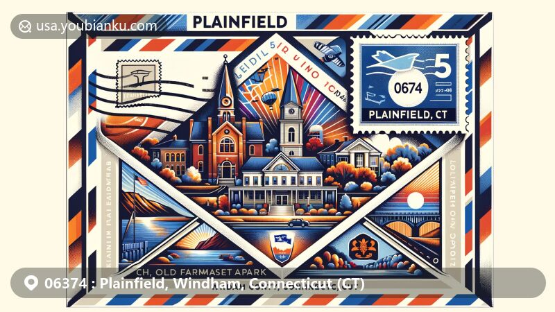 Modern illustration of Plainfield, Windham County, Connecticut, showcasing postal theme with ZIP code 06374, featuring Central Village Historic District, Old Furnace State Park, Crandall Academy, Connecticut state flag, and Quinebaug River.