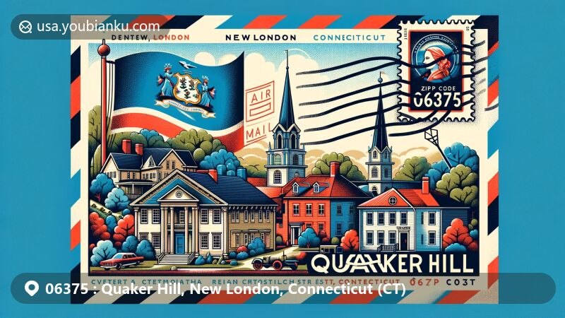 Contemporary digital art of Quaker Hill, New London County, Connecticut, featuring iconic postal theme with ZIP code 06375, showcasing historic district and local landmarks.