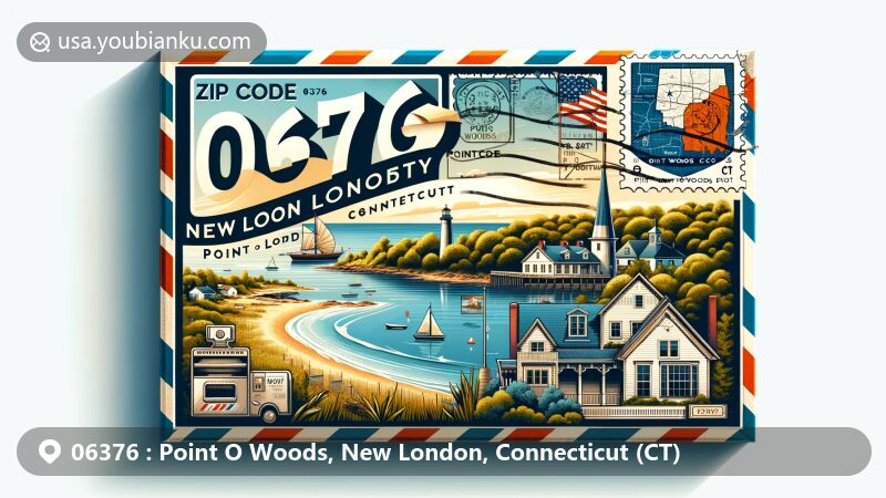 Modern illustration of Point O Woods, New London County, Connecticut, showcasing postal theme with ZIP code 06376, featuring iconic landmarks like Thomas Lee House and maritime elements.