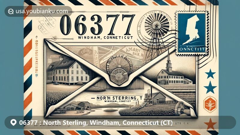 Modern illustration of North Sterling, Windham County, Connecticut, featuring vintage airmail envelope with ZIP code 06377, highlighting Dorrance Inn on a postage stamp and historical symbols of Sterling.