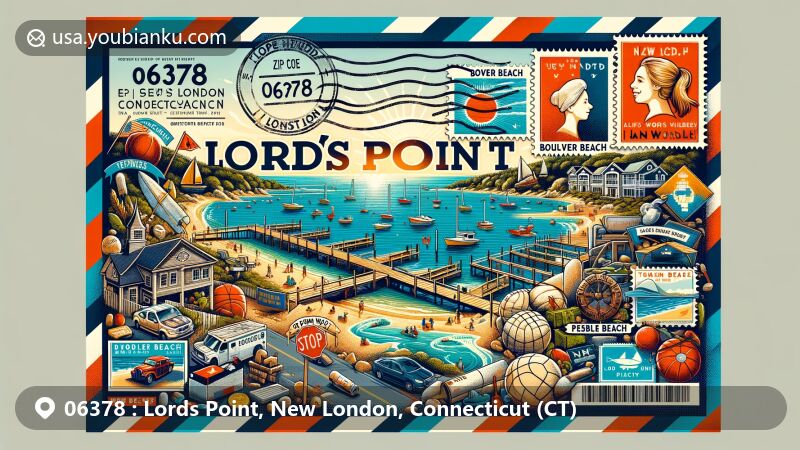 Modern illustration of Lords Point, New London County, Connecticut, showcasing postal theme with ZIP code 06378, featuring Boulder Beach, six beaches, docks, recreational facilities, Connecticut state flag, and postal elements.