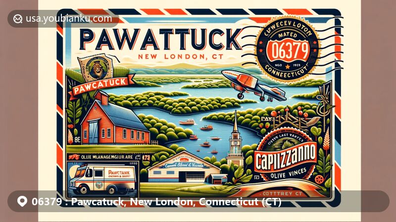 Modern illustration of Pawcatuck, New London County, Connecticut, featuring vintage airmail envelope with Barn Island Wildlife Management Area, Capizzano Olive Oils & Vinegars, Cottrell Brewery, and postal elements like Connecticut state flag and ZIP code 06379 postmark.