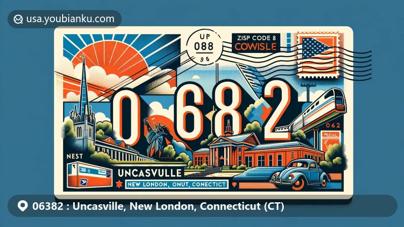Modern illustration of Uncasville, New London, Connecticut, featuring postal theme with ZIP code 06382, showcasing landmarks, symbols, and elements of Connecticut, including state flag. Bright and engaging digital artwork for web use.