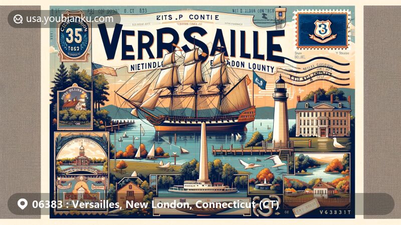 Modern illustration of Versailles, New London County, Connecticut, highlighting iconic landmarks like Charles W. Morgan whaling ship, New London Ledge Light lighthouse, and Connecticut College Arboretum, with postal elements showcasing ZIP code 06383.