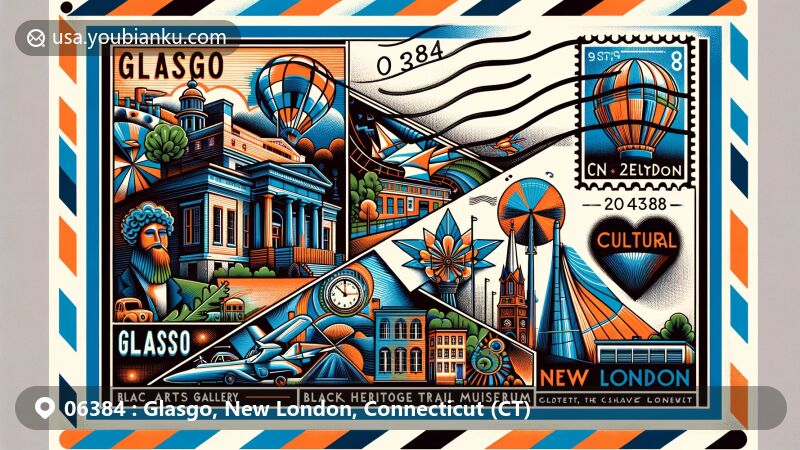 Modern illustration of Glasgo, New London, Connecticut, showcasing cultural district with Hygienic Art gallery, Garde Arts Center, Black Heritage Trail, and Custom House Maritime Museum, combined with postal elements like vintage postage stamp and airmail border.