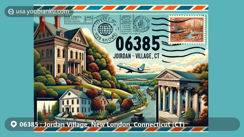 Modern illustration of Jordan Village, New London, Connecticut, showcasing historic district with Greek Revival architecture and lush greenery, along with Cultural District featuring Garde Arts Center, Hygienic Art gallery, and Custom House Maritime Museum.