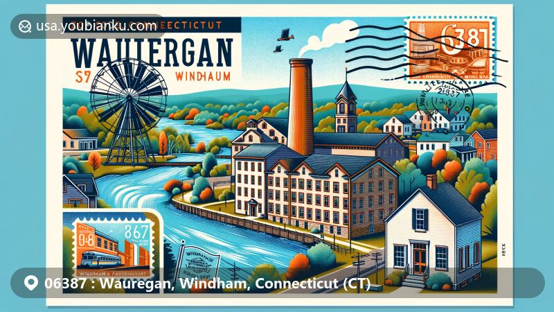 Modern illustration of Wauregan, Windham, Connecticut, highlighting historic district with mill, village layout, Quinebaug River, state flag, and postal theme featuring airmail envelope, vintage stamps, postmark with ZIP code 06387, and old-fashioned mailbox.