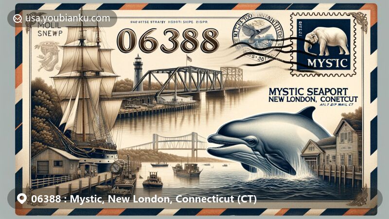 Modern illustration of Mystic, New London County, Connecticut, featuring postal theme with ZIP code 06388, highlighting Mystic Seaport Museum, Mystic Aquarium, Bascule Drawbridge, and Mystic River, incorporating maritime tradition and state symbols.