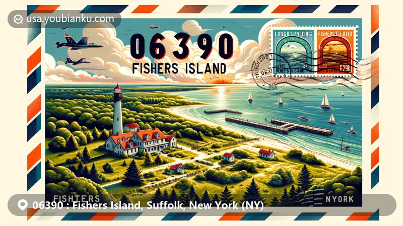 Modern illustration of Fishers Island, Suffolk County, New York, showcasing natural beauty and postal theme with vintage stamp, postal cancellation mark, and highlighted ZIP code 06390.