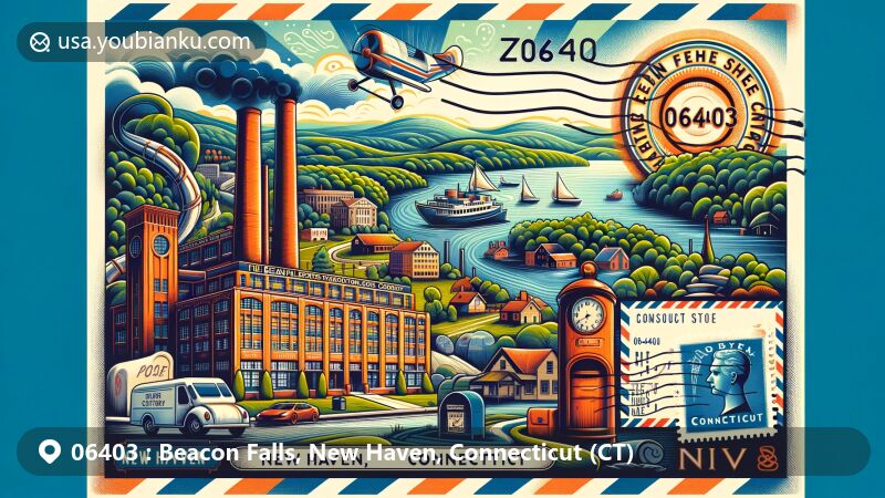 Modern illustration of Beacon Falls, New Haven, Connecticut, featuring Beacon Falls Rubber Shoe Company surrounded by elements symbolizing the town's natural beauty and historical landmarks, including rolling hills, lush forests, and the Naugatuck River, with Connecticut state flag in the background and a vintage airmail envelope in the foreground.