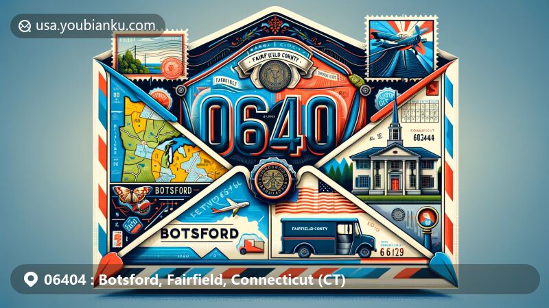 Modern illustration of Botsford, Fairfield County, Connecticut, resembling an airmail envelope with ZIP code 06404, featuring historical maps, Connecticut State flag, and postal elements.
