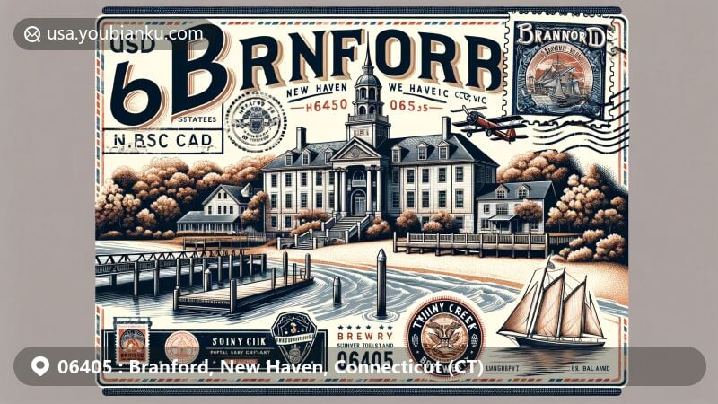 Modern illustration of Branford, New Haven, Connecticut, featuring historic Academy building, Branford Point Beach, local breweries, and Branford Trolley Trail, with prominent display of ZIP code 06405 and vintage postal elements.