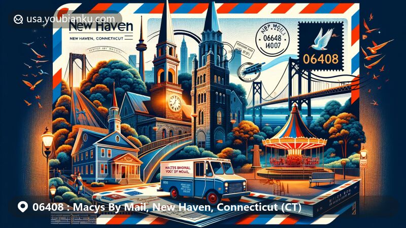 Modern illustration of Macys By Mail, New Haven, Connecticut, showcasing postal theme with ZIP code 06408, featuring Grove Street Cemetery, Lighthouse Point Park, and Pearl Harbor Memorial Bridge.