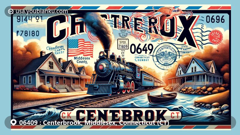 Modern illustration of Centerbrook, Middlesex County, Connecticut (CT), showcasing ZIP code 06409, featuring Essex Steam Train, Connecticut River, and state flag.