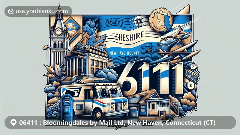 Modern illustration of Chester, Connecticut, showcasing postal theme with ZIP code 06411, featuring envelope with stamps and postal elements, overlaid with Connecticut state flag.
