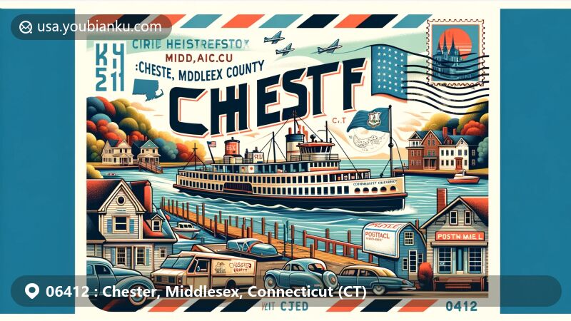 Modern illustration of Chester, Middlesex County, Connecticut, displaying postal theme with ZIP code 06412, featuring Chester-Hadlyme Ferry, Connecticut state flag, and New England architecture.