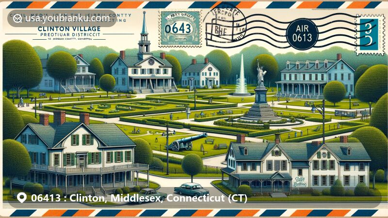 Illustration of Clinton Village Historic District, Middlesex County, Connecticut, highlighting 18th and 19th-century architectural styles with Federal and Greek Revival influences, Liberty Green landmark, and modern amenities like Clinton Crossing Premium Outlets.