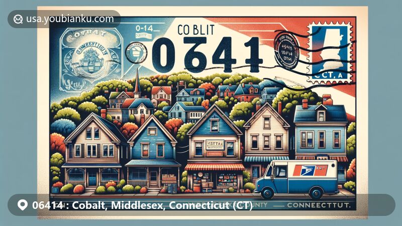 Artistic illustration of Cobalt, Middlesex County, Connecticut, representing the essence of the quaint town with picturesque houses, greenery, and a hint of a gift shop, along with vintage postal elements like a stamp, postmark, and classic mail truck.