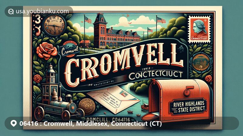 Vintage-style illustration of Cromwell, Connecticut, featuring J & E Stevens Company, River Highlands State Park, Main Street Historic District, and iconic postal elements like mailbox, envelopes, and postage stamp, blending industrial history, natural beauty, and cultural heritage.
