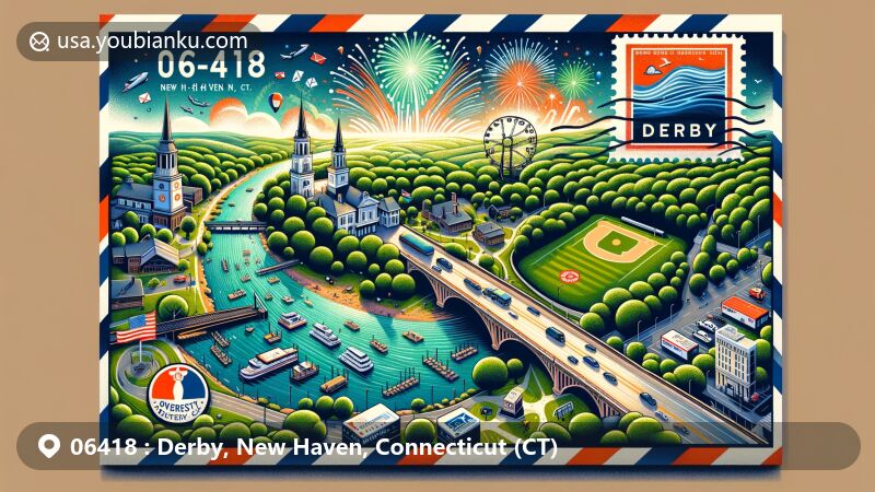 Illustration of ZIP Code 06418 in Derby, New Haven, Connecticut, featuring Osbornedale State Park, Derby-Shelton Bridge with fireworks, Derby flag, and postal elements.