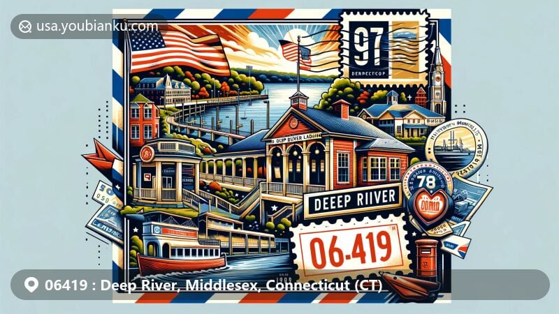 Modern illustration of Deep River, Connecticut, featuring postal theme with ZIP code 06419, showcasing scenic Deep River Landing, historic town hall, Veteran's Memorial Park, and Connecticut state symbols.