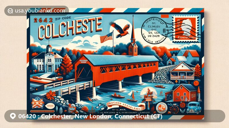 Modern illustration of Colchester, New London, Connecticut, displaying postal theme with ZIP code 06420, highlighting Comstock Covered Bridge, Civil War Monument, Bacon Academy, and Colchester Village Historic District, with Connecticut state symbols.