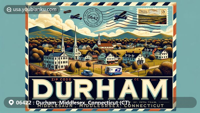 Modern illustration of Durham, Middlesex County, Connecticut, showcasing aerial view with Metacomet Ridge's Trimountain, Fowler Mountain, Pistapaug Mountain, and Totoket Mountain, colonial-period Main Street, and postal theme with ZIP code 06422.