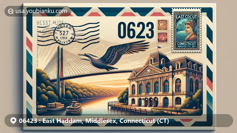 Illustration of East Haddam, Middlesex, Connecticut, capturing the essence of ZIP code 06423, featuring vintage airmail envelope with Goodspeed Opera House, East Haddam Swing Bridge, and Connecticut state symbols.