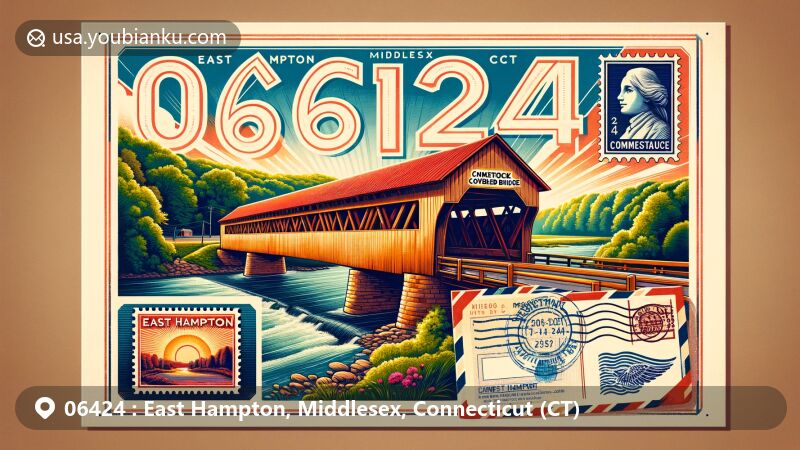 Vintage postcard illustration of East Hampton, Middlesex, Connecticut, highlighting ZIP code 06424 and Comstock Covered Bridge over Salmon River, surrounded by lush greenery.