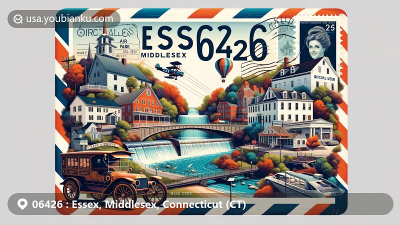 Modern illustration of Essex, Middlesex, Connecticut, showcasing postal theme with ZIP code 06426, featuring Connecticut River Museum, Main Street Park, Pratt House, Falls River, and iconic Griswold Inn.