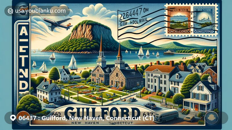 现代插画，展示康涅狄格州吉尔福德市（邮编06437）的主要地标和文化元素，包括吉尔福德绿地、亨利·惠特菲尔德州立博物馆、长岛海峡海岸线、Metacomet山脊等自然景点，以及风格化航空邮件信封边框和标有06437邮编的邮戳。