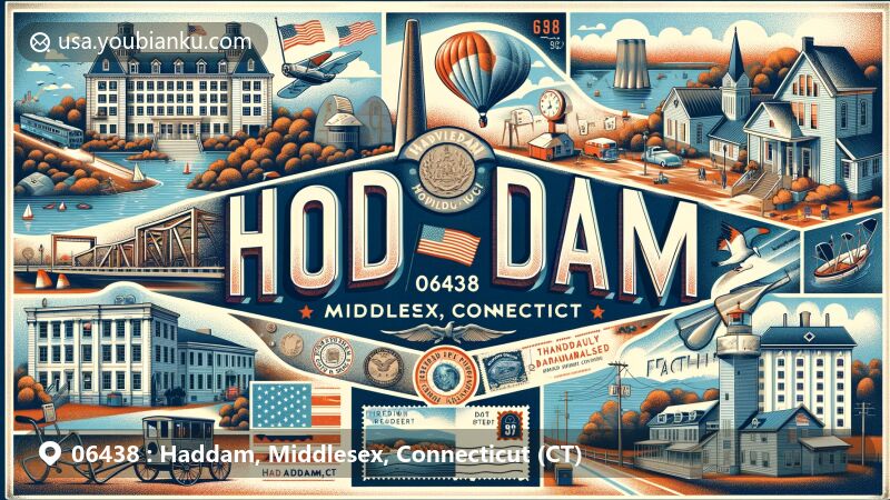 Vintage-style illustration of Haddam, Middlesex County, Connecticut, featuring iconic landmarks and cultural elements, showcasing ZIP code 06438, including Scovil Hoe Company buildings, Flag Rock, Higganum Reservoir Dam, David Brainerd Marker, Thankful Arnold House, and postal elements.