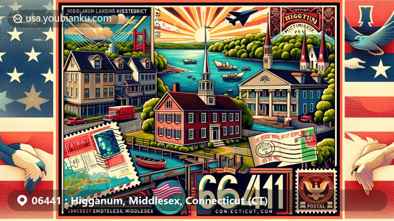 Vintage-style postcard of Higganum, Middlesex County, Connecticut, showcasing Higganum Landing Historic District with colonial and federal architecture, including Joseph Smith House, and Connecticut state symbols.