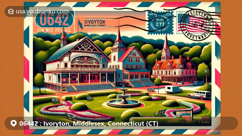 Modern illustration of Ivoryton, Middlesex County, Connecticut, featuring famous Ivoryton Playhouse and village charm, showcasing postal theme with ZIP code 06442, Connecticut state flag, and Middlesex County map outline.
