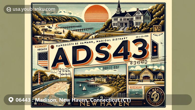 Modern illustration of Madison, New Haven, Connecticut, showcasing postal theme with ZIP code 06443, featuring Madison Green Historic District, Hammonasset Beach State Park, and Rockland Preserve.
