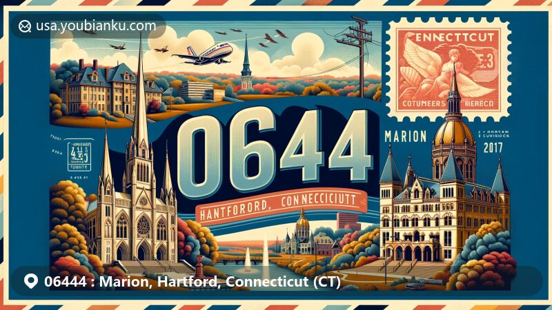 Modern illustration of Marion, Hartford, Connecticut, showcasing iconic landmarks and cultural elements like Mark Twain House & Museum, Connecticut State Capitol, Cathedral of St. Joseph, and Soldiers and Sailors Memorial Arch in Bushnell Park, with reference to ZIP code 06444.