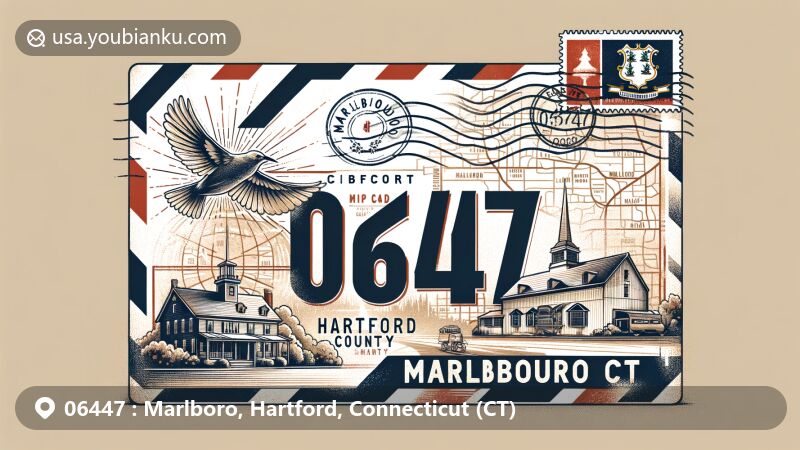 Modern illustration of Marlboro, Hartford County, Connecticut, showcasing postal theme with ZIP code 06447, featuring vintage airmail envelope and Marlborough Tavern.