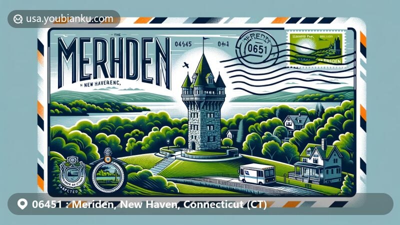 Modern illustration of Meriden, New Haven, Connecticut, showcasing postal theme with ZIP code 06451, featuring Castle Craig, Hubbard Park, Solomon Goffe House, and classic postal elements.